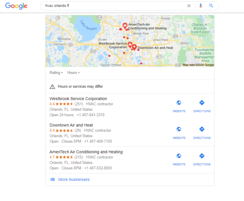 A Google 3-pack showing hvacs in orlando, fl